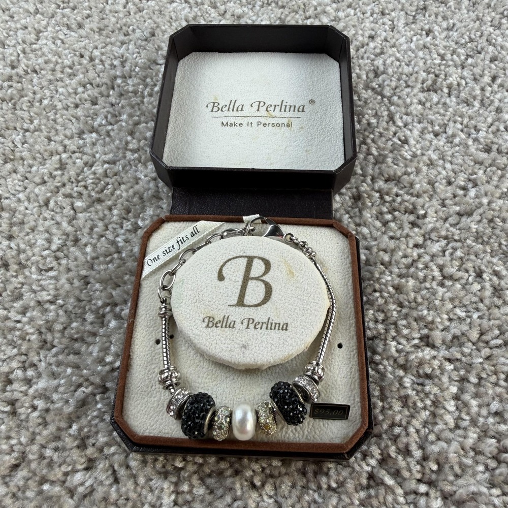 Bella Perlina Bracelet Charm Beaded Silver Tone Rhinestone One Size Womens Box